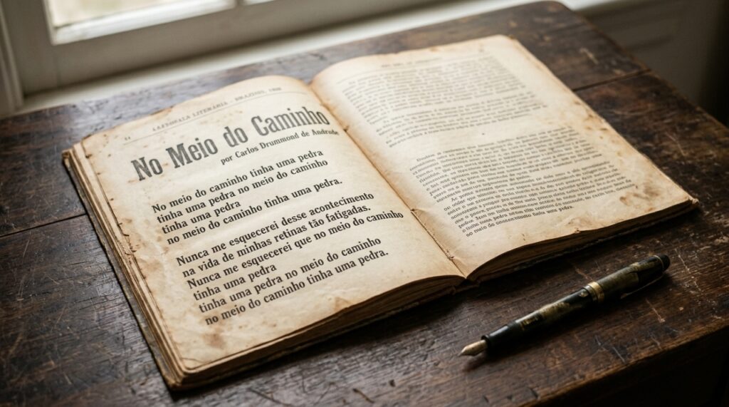 Revista literária brasileira antiga aberta sobre uma mesa de madeira, com páginas amareladas e o título do poema No Meio do Caminho, acompanhada de uma caneta-tinteiro. - (Imagem gerada por inteligência artificial-ChatGPT/Olhar Digital)