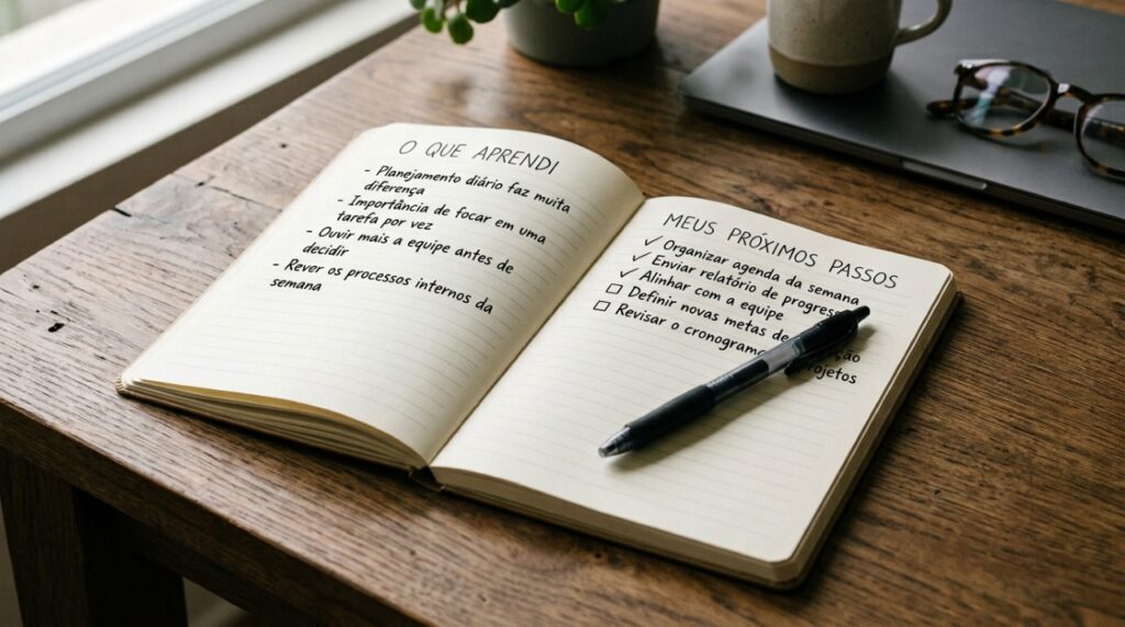 Caderno aberto sobre mesa de madeira com anotações sobre lições aprendidas e próximos passos profissionais, representando planejamento de carreira após um fracasso. - (Imagem gerada por inteligência artificial-ChatGPT/Olhar Digital)
