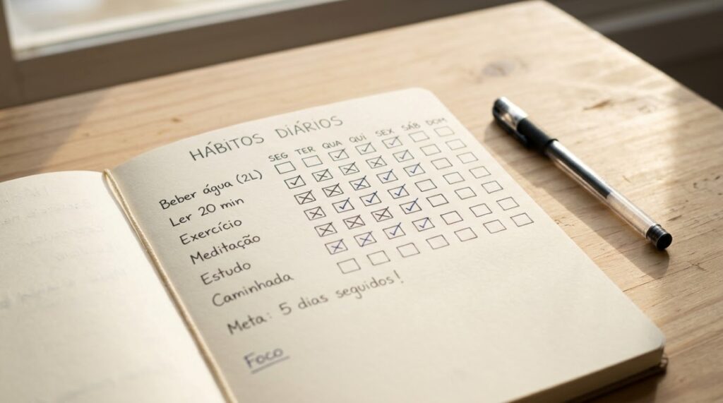 Caderno de planejamento aberto com lista de hábitos diários marcados como concluídos, representando a disciplina e a repetição de ações na construção do caráter. - (Imagem gerada por inteligência artificial-ChatGPT/Olhar Digital)