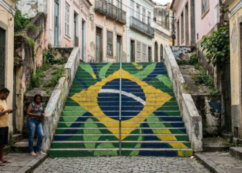 Uma pequena escadaria de apenas 16 degraus virou atração turística e passou a formar filas depois de ser transformada em uma enorme bandeira brasileira