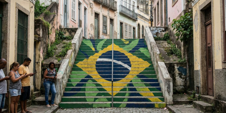 Uma pequena escadaria de apenas 16 degraus virou atração turística e passou a formar filas depois de ser transformada em uma enorme bandeira brasileira