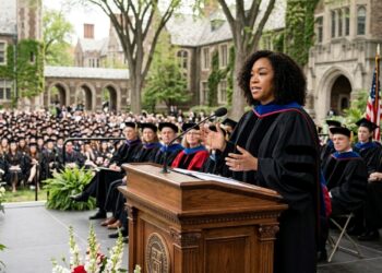 Representação realista de Shonda Rhimes discursando em uma cerimônia universitária, com beca acadêmica e expressão confiante, ilustrando sua reflexão sobre trabalho, disciplina e realização profissional. - (Imagem gerada por inteligência artificial-ChatGPT/Olhar Digital)