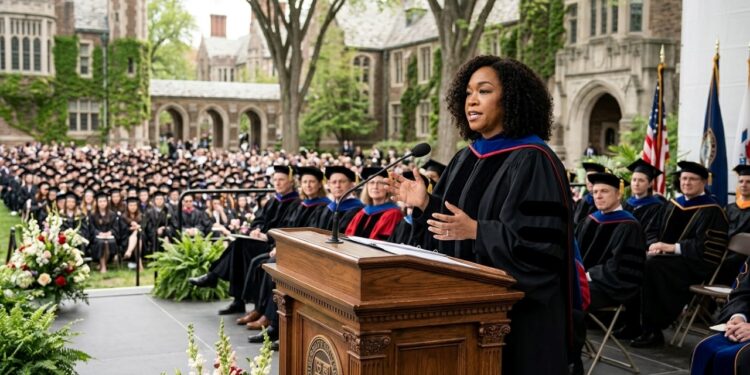 Representação realista de Shonda Rhimes discursando em uma cerimônia universitária, com beca acadêmica e expressão confiante, ilustrando sua reflexão sobre trabalho, disciplina e realização profissional. - (Imagem gerada por inteligência artificial-ChatGPT/Olhar Digital)