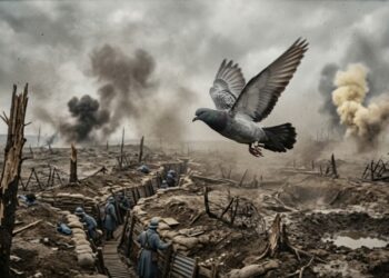 Pombo-correio cinza voando com uma cápsula de mensagem presa à pata sobre trincheiras da Primeira Guerra Mundial, com fumaça ao fundo. (Imagem gerada por inteligência artificial-ChatGPT/Olhar Digital)