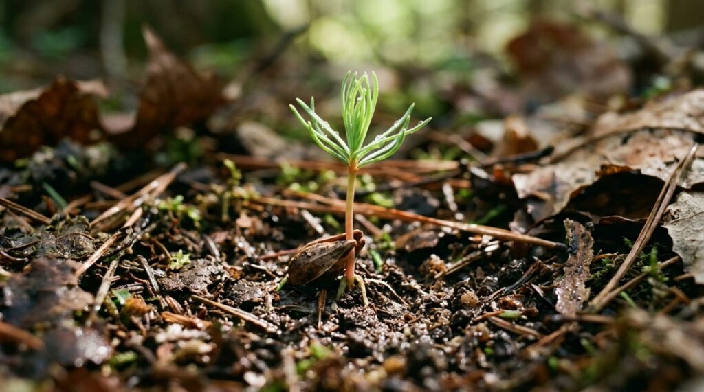 Pequena muda de pinheiro germinando em solo úmido coberto por acículas secas, mostrando como sementes enterradas por aves contribuem para o reflorestamento natural. - (Imagem gerada por inteligência artificial-ChatGPT/Olhar Digital)