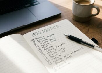 Caderno de planejamento aberto sobre mesa de trabalho, com metas profissionais organizadas, prazos definidos e tarefas concluídas. - (Imagem gerada por inteligência artificial-ChatGPT/Olhar Digital)