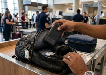 Power bank de 20.000 mAh e 74 Wh sendo colocado em uma mochila na área de inspeção de um aeroporto - (Imagem gerada por inteligência artificial-ChatGPT/Olhar Digital)