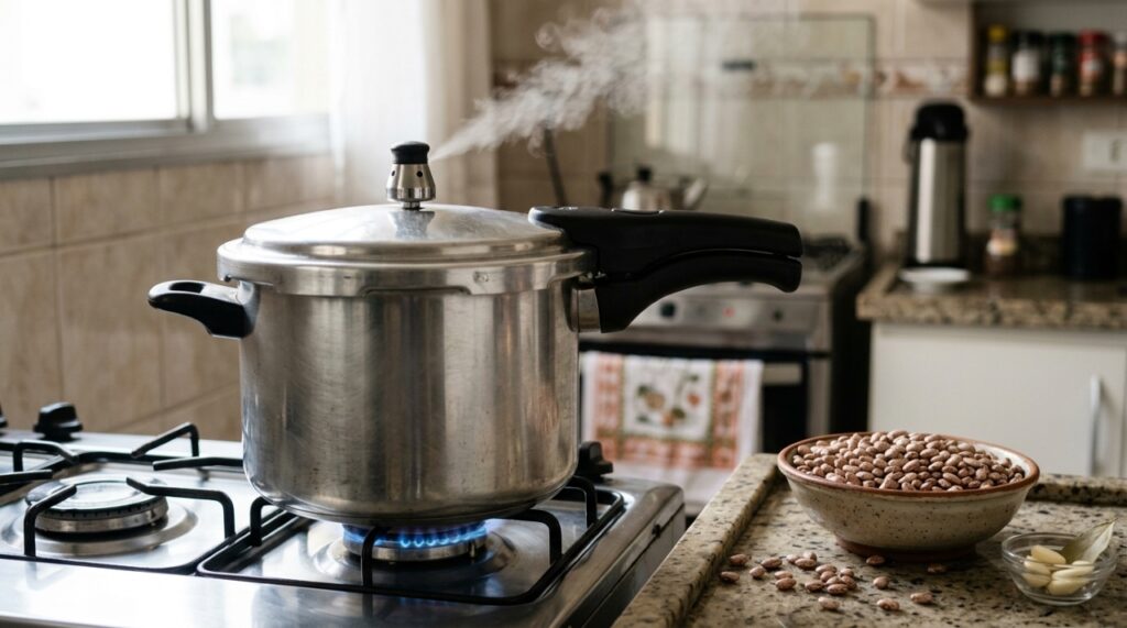 Panela de pressão de aço inoxidável fechada sobre fogão, liberando vapor pela válvula reguladora, com tigela de feijão-carioca ao lado. - (Imagem gerada por inteligência artificial-ChatGPT/Olhar Digital) 