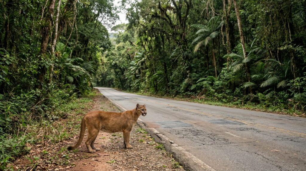 Onça-parda adulta parada na beira de uma rodovia asfaltada cercada pela Mata Atlântica, mostrando o risco de atropelamento de animais silvestres. - (Imagem gerada por inteligência artificial-ChatGPT/Olhar Digital)