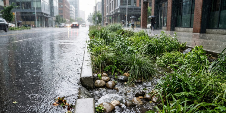 Jardim de chuva recebe água do asfalto - Imagem criada por inteligência artificial (Google Flow / Olhar Digital)