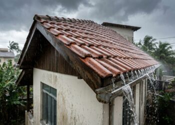 Telhado inclinado de telhas cerâmicas vermelhas durante uma chuva intensa, com água escorrendo pela cobertura até a calha. (Imagem gerada por inteligência artificial-ChatGPT/Olhar Digital)