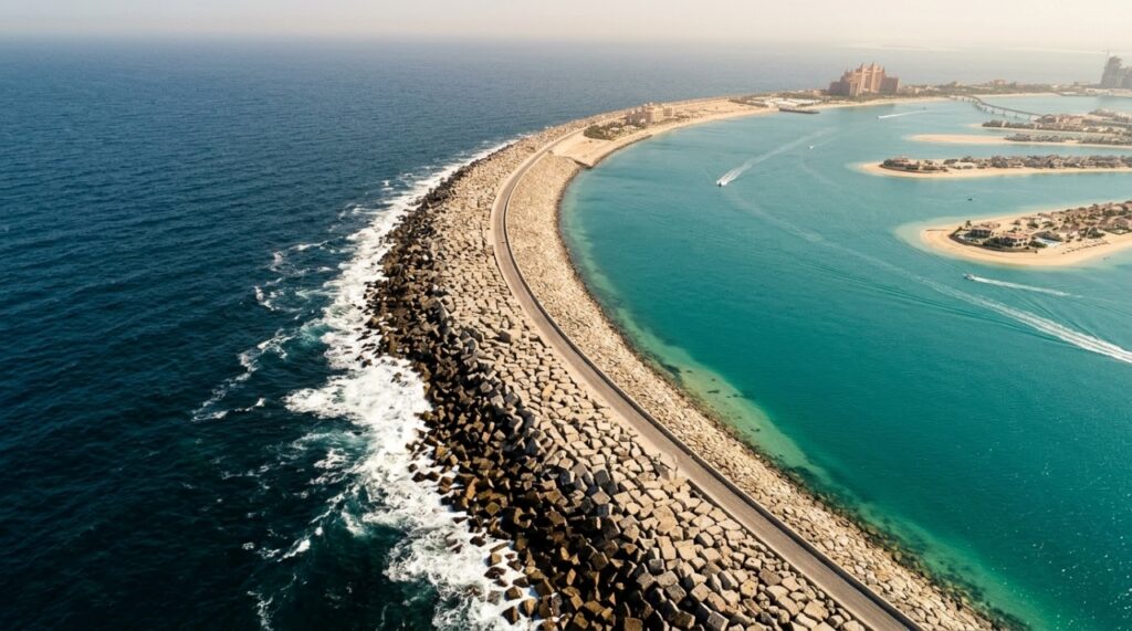 Fotografia aérea diagonal do quebra-mar de rochas da Palm Jumeirah, em Dubai, mostrando a barreira curva que separa as ondas do Golfo Pérsico das águas protegidas da ilha artificial. - (Imagem gerada por inteligência artificial-ChatGPT/Olhar Digital)
