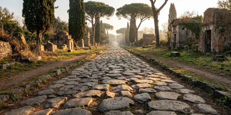 Trecho histórico da Via Ápia, em Roma, com grandes blocos de basalto escuro formando uma estrada antiga cercada por ciprestes, pinheiros mediterrâneos e ruínas romanas. - (Imagem gerada por inteligência artificial-ChatGPT/Olhar Digital)