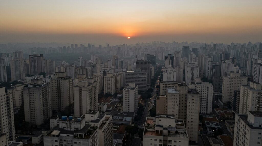 Sol alaranjado próximo ao horizonte de São Paulo, com edifícios parcialmente encobertos por névoa de poluição atmosférica durante o entardecer. - (Imagem gerada por inteligência artificial-ChatGPT/Olhar Digital) 