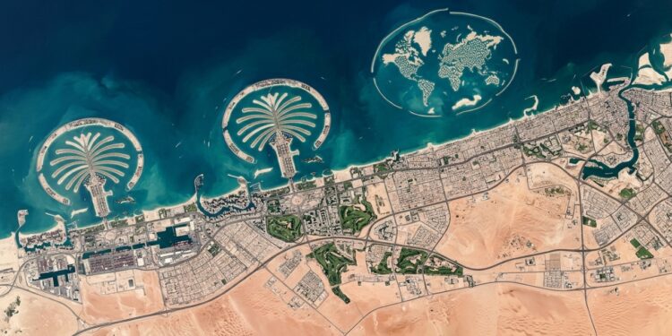 Vista de satélite de Dubai mostrando duas ilhas artificiais em formato de palmeira e o arquipélago The World nas águas azuis do Golfo Pérsico. - (Imagem gerada por inteligência artificial-ChatGPT/Olhar Digital)