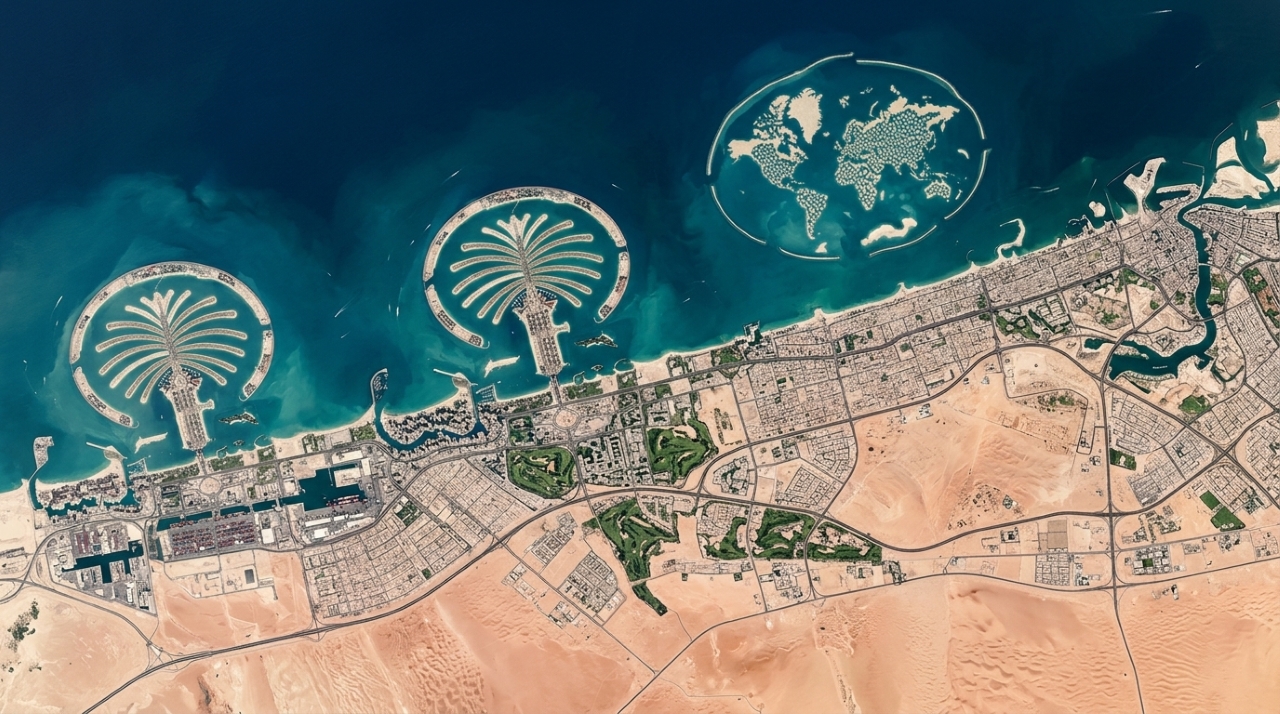 Dubai vista do espaço revela palmeiras gigantes e um mapa-múndi desenhado no mar
