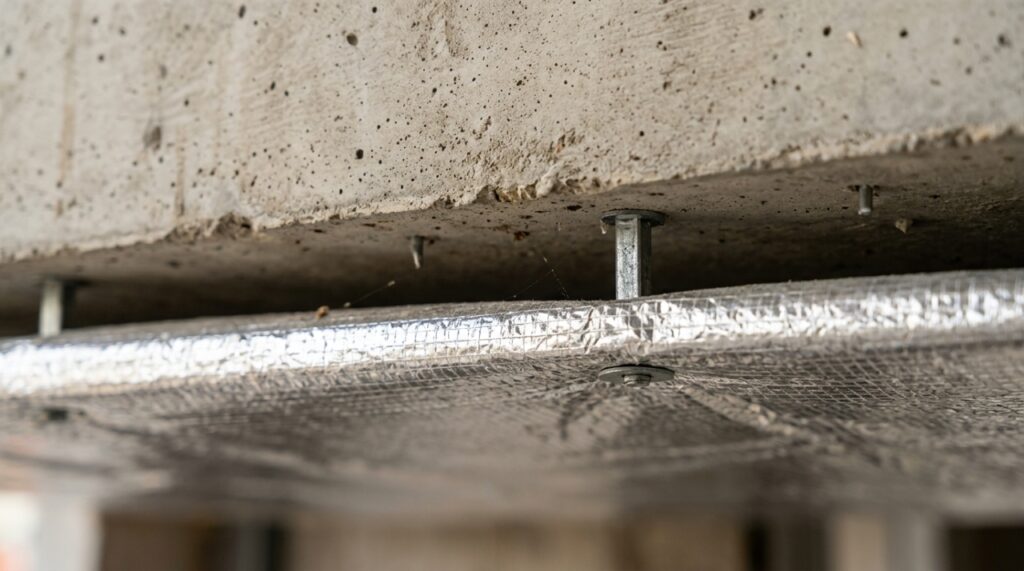 Detalhe lateral de manta aluminizada sustentada por espaçadores abaixo de uma laje de concreto, mostrando a camada de ar de 2 centímetros necessária ao sistema refletivo. - (Imagem gerada por inteligência artificial-ChatGPT/Olhar Digital)