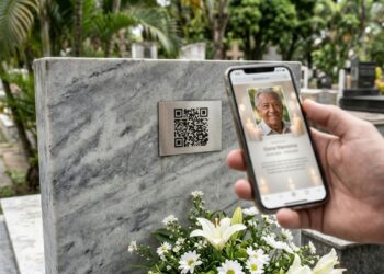 Smartphone apontado para uma placa com QR Code fixada em uma lápide de mármore, exibindo na tela um memorial digital com a fotografia de um idoso. (Imagem gerada por inteligência artificial-ChatGPT/Olhar Digital)