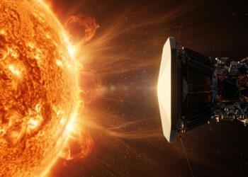 Sonda protegida por escudo térmico em aproximação solar ilustrada - Imagem criada por inteligência artificial (Google Flow / Olhar Digital)