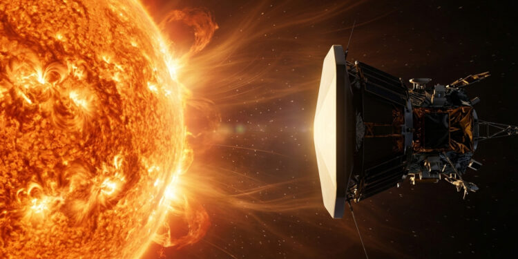 Sonda protegida por escudo térmico em aproximação solar ilustrada - Imagem criada por inteligência artificial (Google Flow / Olhar Digital)