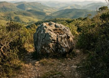 Grande pedra cinza bloqueando o centro de uma estrada de terra em meio às colinas de Minas Gerais, representando o famoso poema de Carlos Drummond de Andrade. - (Imagem gerada por inteligência artificial-ChatGPT/Olhar Digital)