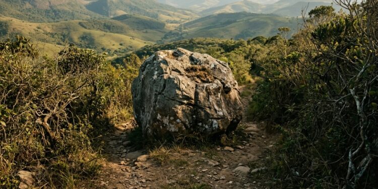Grande pedra cinza bloqueando o centro de uma estrada de terra em meio às colinas de Minas Gerais, representando o famoso poema de Carlos Drummond de Andrade. - (Imagem gerada por inteligência artificial-ChatGPT/Olhar Digital)