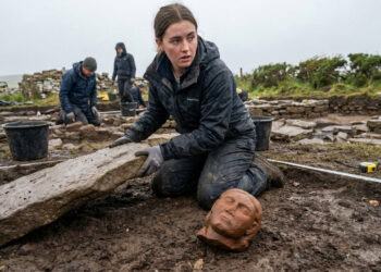 Uma estudante universitária retirava uma pedra numa antiga propriedade viking quando uma cabeça esculpida rolou debaixo da laje e ficou olhando para ela