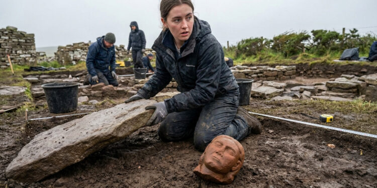 Uma estudante universitária retirava uma pedra numa antiga propriedade viking quando uma cabeça esculpida rolou debaixo da laje e ficou olhando para ela