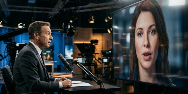 Atriz criada inteiramente por inteligência artificial participa de uma entrevista sobre seu novo filme e começa a falar cantonês sem motivo aparente, expondo uma falha diante das câmeras
