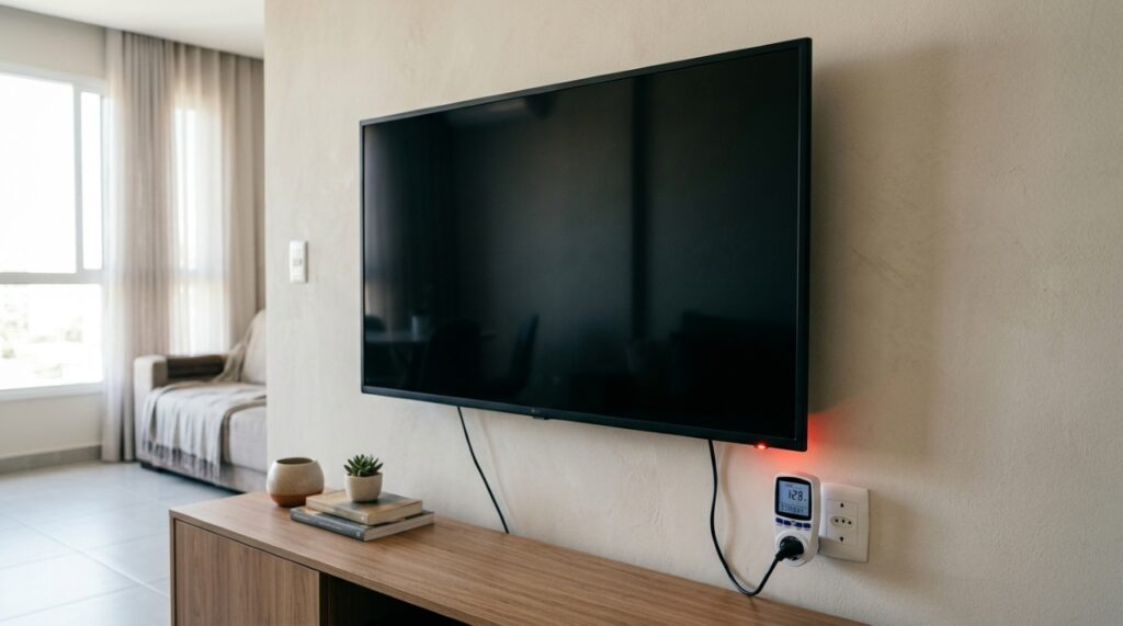 Régua de energia com televisão, videogame e decodificador conectados e interruptor sendo desligado. - (Imagem gerada por inteligência artificial-ChatGPT/Olhar Digital)