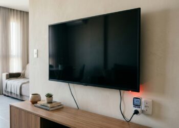 Televisão desligada com luz de standby acesa e medidor conectado à tomada indicando consumo de energia. - (Imagem gerada por inteligência artificial-ChatGPT/Olhar Digital)