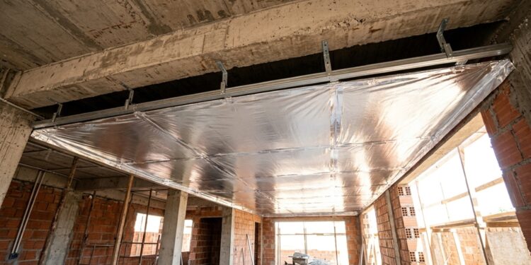 Manta térmica aluminizada prateada instalada abaixo de uma laje de concreto, com espaço de ar entre o material refletivo e a estrutura. - (Imagem gerada por inteligência artificial-ChatGPT/Olhar Digital)