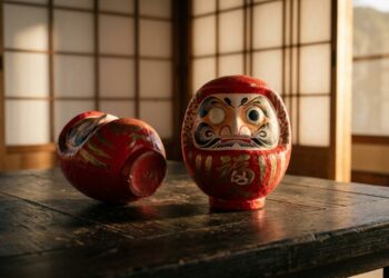 Boneco Daruma vermelho com apenas um olho pintado, acompanhado de pincel sobre mesa de madeira, representando determinação e perseverança. - (Imagem gerada por inteligência artificial-ChatGPT/Olhar Digital)