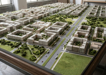 Maquete conceitual mostra setores urbanos distantes - Imagem criada por inteligência artificial (Google Flow / Olhar Digital)