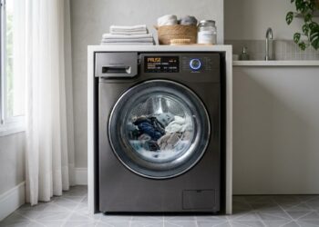 Máquina de lavar com roupas no tambor e painel aceso durante uma pausa automática do ciclo de lavagem. - (Imagem gerada por inteligência artificial-ChatGPT/Olhar Digital)