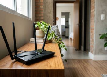 Roteador Wi-Fi preto com quatro antenas em uma sala residencial, com porta aberta e paredes de alvenaria que influenciam o alcance da conexão sem fio. - (Imagem gerada por inteligência artificial-ChatGPT/Olhar Digital)