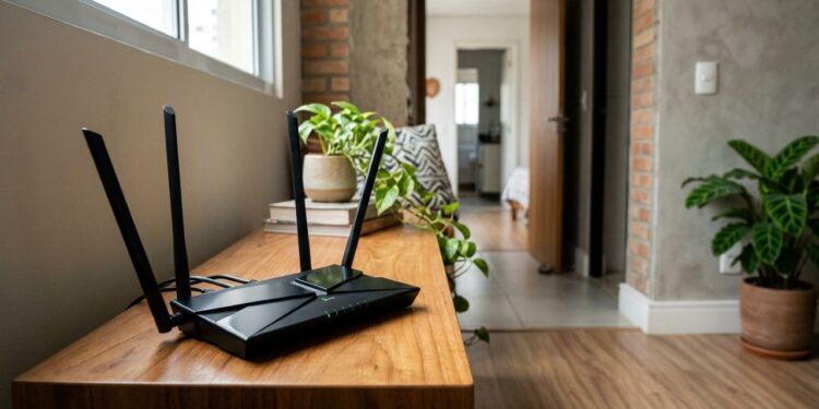 Roteador Wi-Fi preto com quatro antenas em uma sala residencial, com porta aberta e paredes de alvenaria que influenciam o alcance da conexão sem fio. - (Imagem gerada por inteligência artificial-ChatGPT/Olhar Digital)