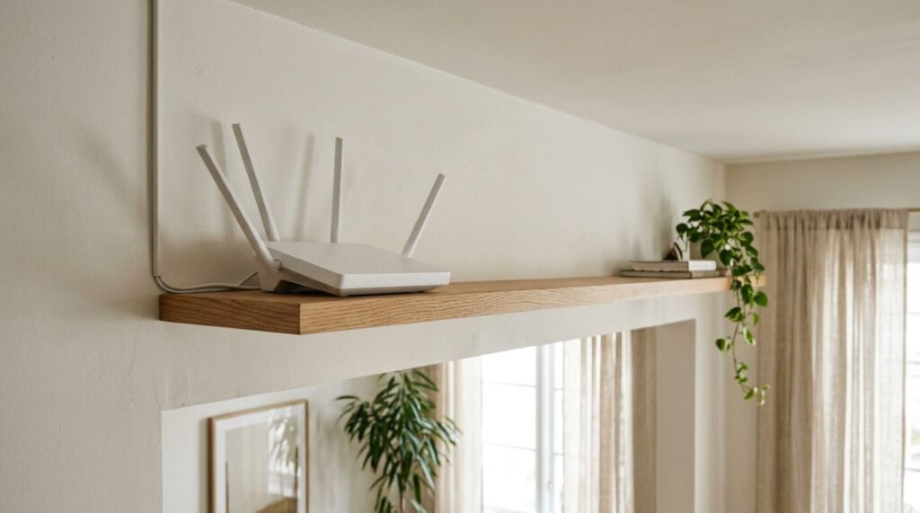Roteador Wi-Fi branco instalado em uma prateleira elevada e sem obstáculos em uma sala iluminada, exemplificando o posicionamento recomendado para melhorar a cobertura da internet. - (Imagem gerada por inteligência artificial-ChatGPT/Olhar Digital)