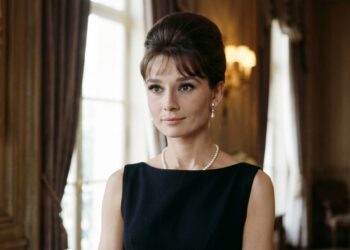Representação realista de Audrey Hepburn com cabelos presos e vestido preto clássico, em um ambiente elegante inspirado na Hollywood dos anos 1960. (Imagem gerada por inteligência artificial-ChatGPT/Olhar Digital)