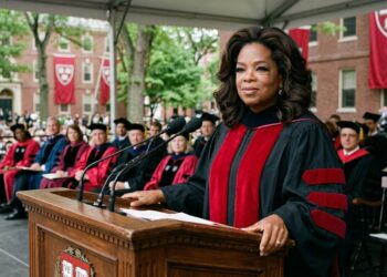 Representação ultrarrealista de Oprah Winfrey discursando em um púlpito durante uma cerimônia acadêmica em Harvard, abordando fracasso, superação e novos caminhos na vida. - (Imagem gerada por inteligência artificial-ChatGPT/Olhar Digital)