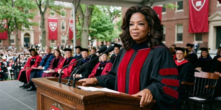 Representação ultrarrealista de Oprah Winfrey discursando em um púlpito durante uma cerimônia acadêmica em Harvard, abordando fracasso, superação e novos caminhos na vida. - (Imagem gerada por inteligência artificial-ChatGPT/Olhar Digital)