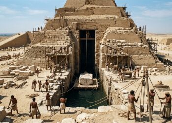 Representação hipotética da Pirâmide de Djoser em construção, com plataforma flutuante elevando um bloco de pedra por um poço com água. - (Imagem gerada por inteligência artificial-ChatGPT/Olhar Digital)