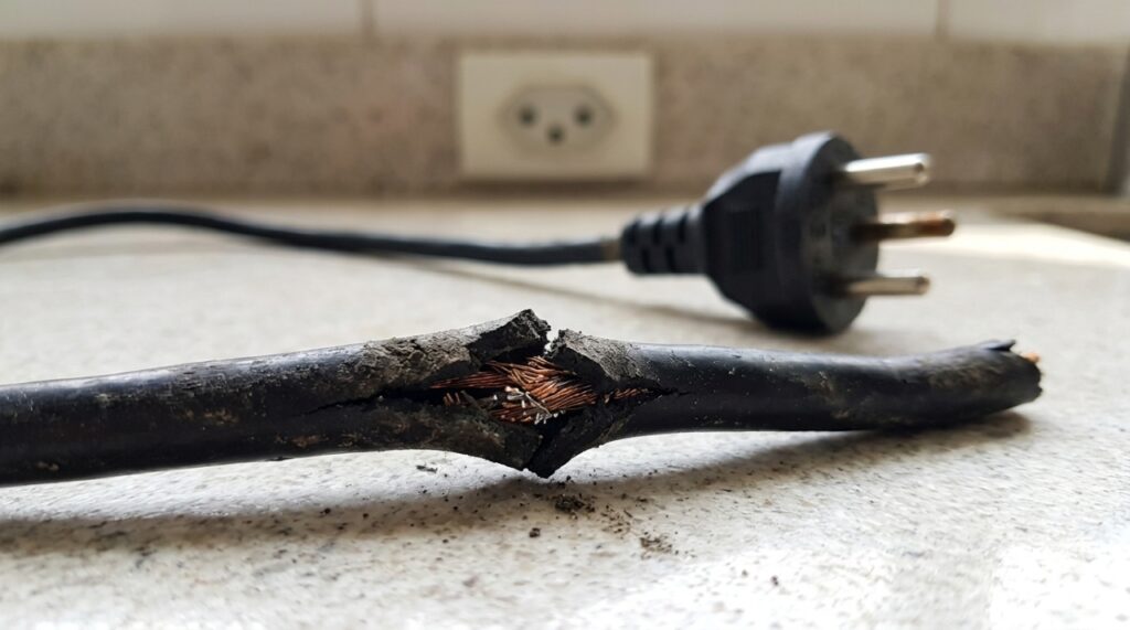 Detalhe de cabo elétrico preto danificado, com rachadura no isolamento e fios de cobre expostos, mostrando um risco de acidente elétrico doméstico. - (Imagem gerada por inteligência artificial-ChatGPT/Olhar Digital)