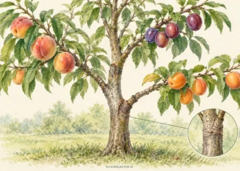 Ilustração botânica de árvore com pêssegos, ameixas e frutos alaranjados em ramos distintos, com detalhe de uma união de enxerto.