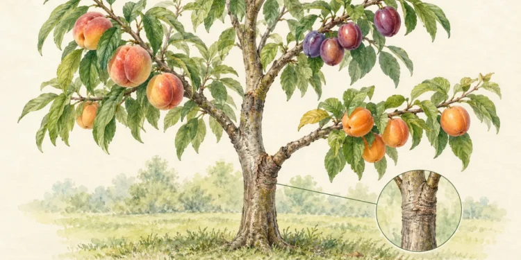 Ilustração botânica de árvore com pêssegos, ameixas e frutos alaranjados em ramos distintos, com detalhe de uma união de enxerto.