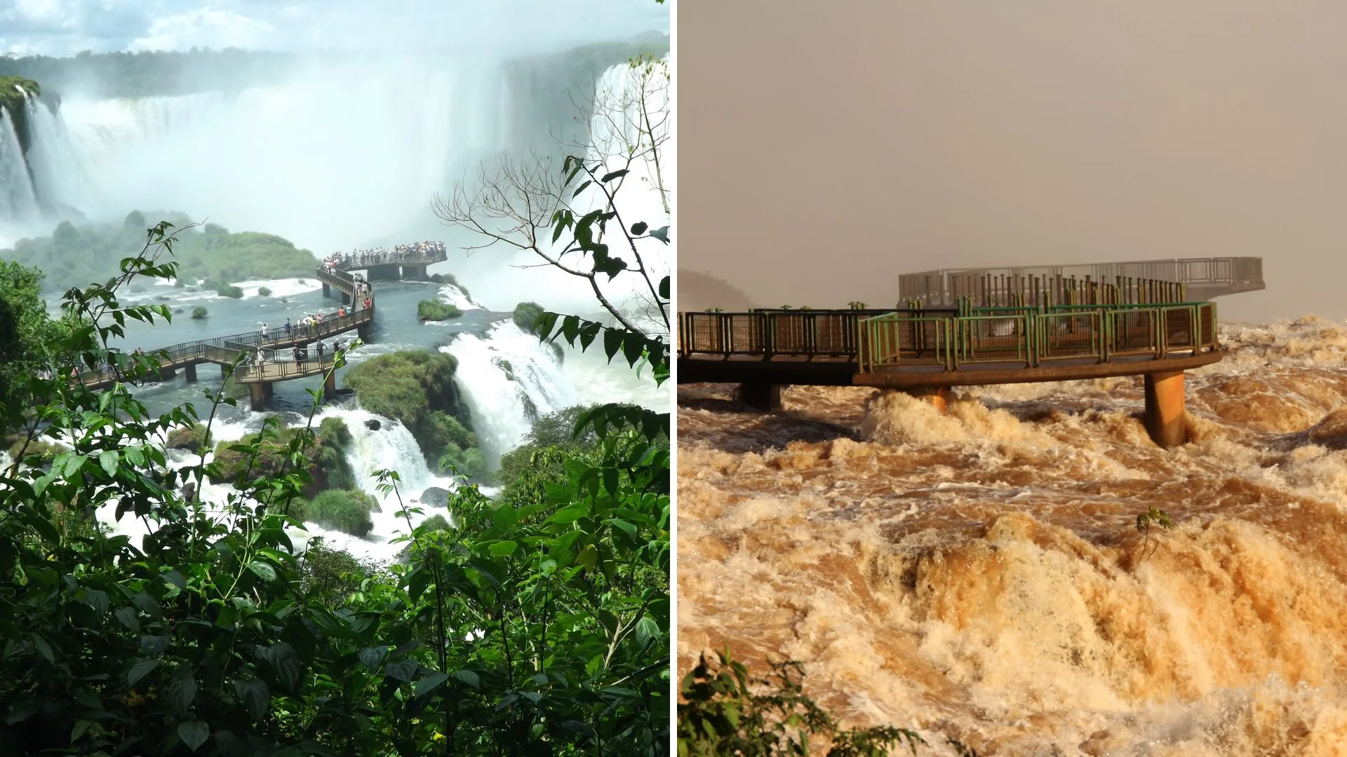 Montagem de duas fotografias históricas da passarela brasileira das Cataratas do Iguaçu: à esquerda, quedas separadas e pessoas no deque; à direita, cheia de junho de 2013, com água marrom ao redor da passarela vazia.
