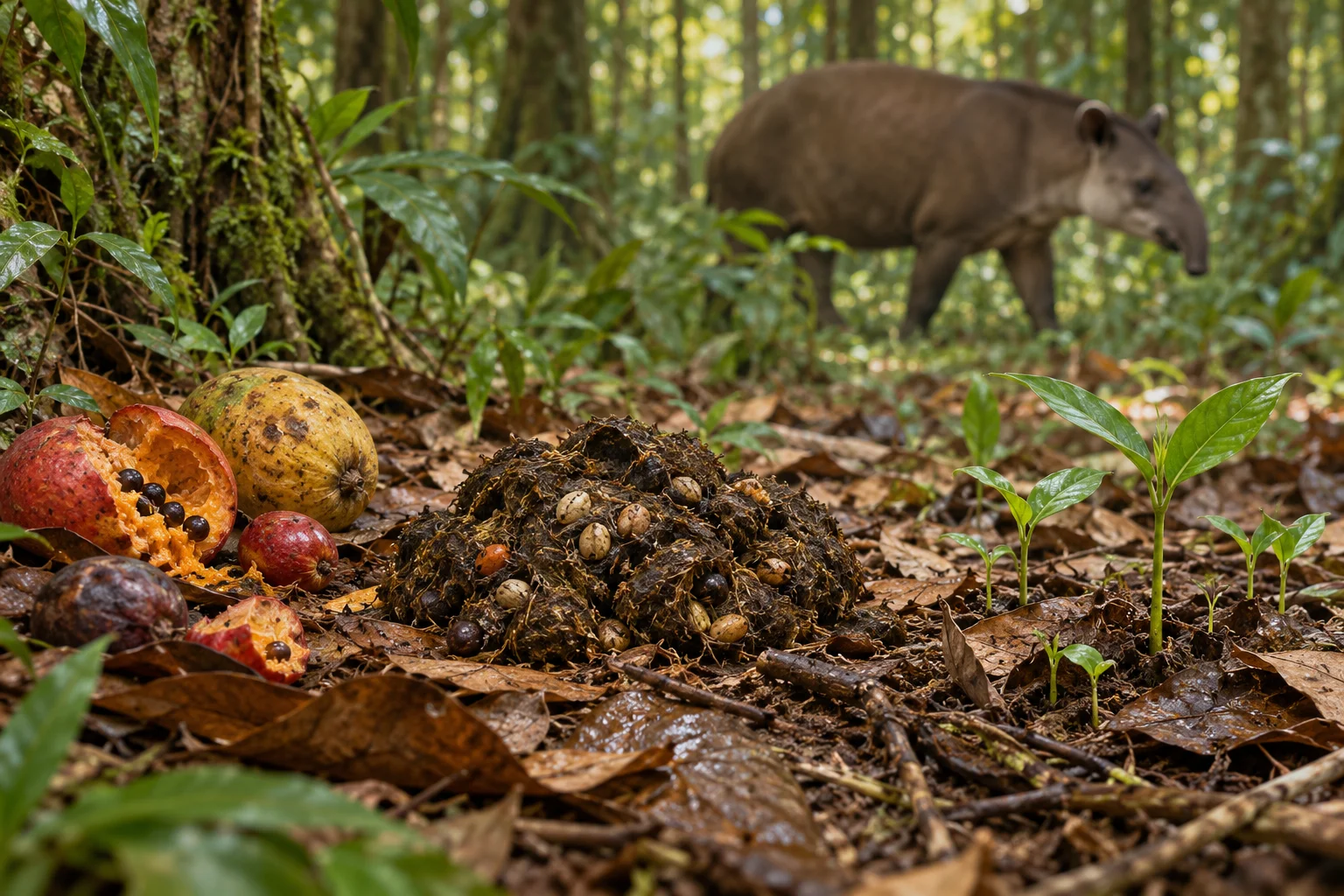 Ilustração de frutos, sementes dispersas e pequenas mudas no chão da floresta, com anta ao fundo.
