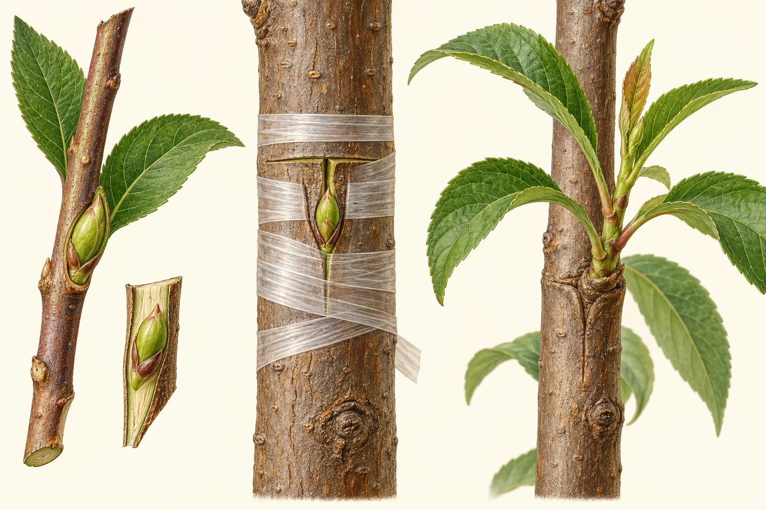Ilustração de gema, união protegida por fita e broto desenvolvido em um galho enxertado.