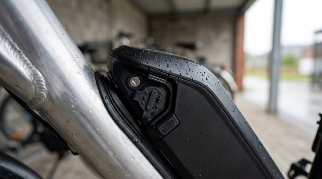 Detalhe de bateria integrada ao quadro de uma bicicleta elétrica preta, com gotas de água na superfície e tampa protetora do conector de carregamento fechada. - (Imagem gerada por inteligência artificial-ChatGPT/Olhar Digital) 