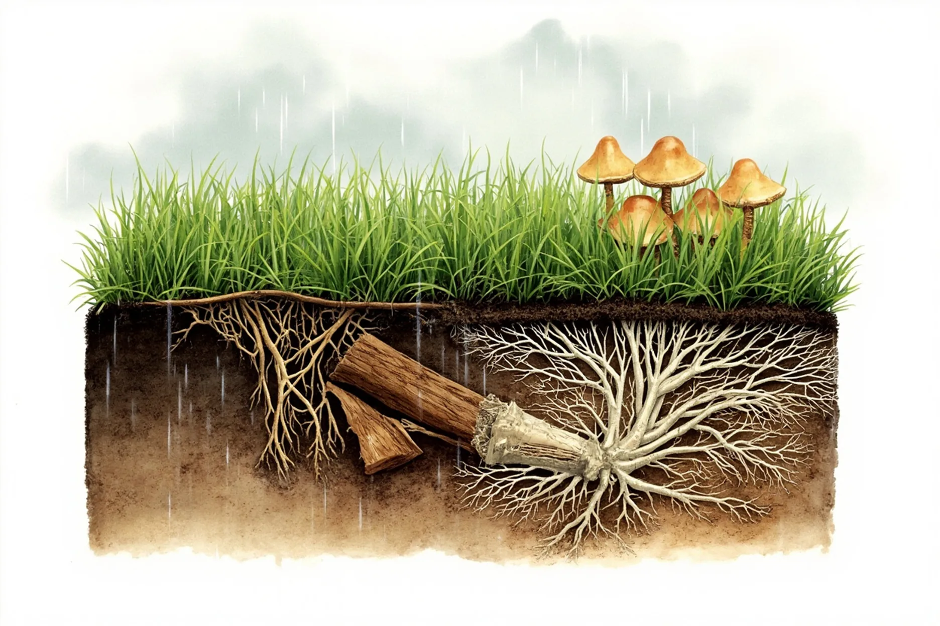 Ilustração em corte: grama com cogumelos na superfície e, abaixo do solo, uma rede branca de micélio crescendo a partir de um pedaço de madeira em decomposição.